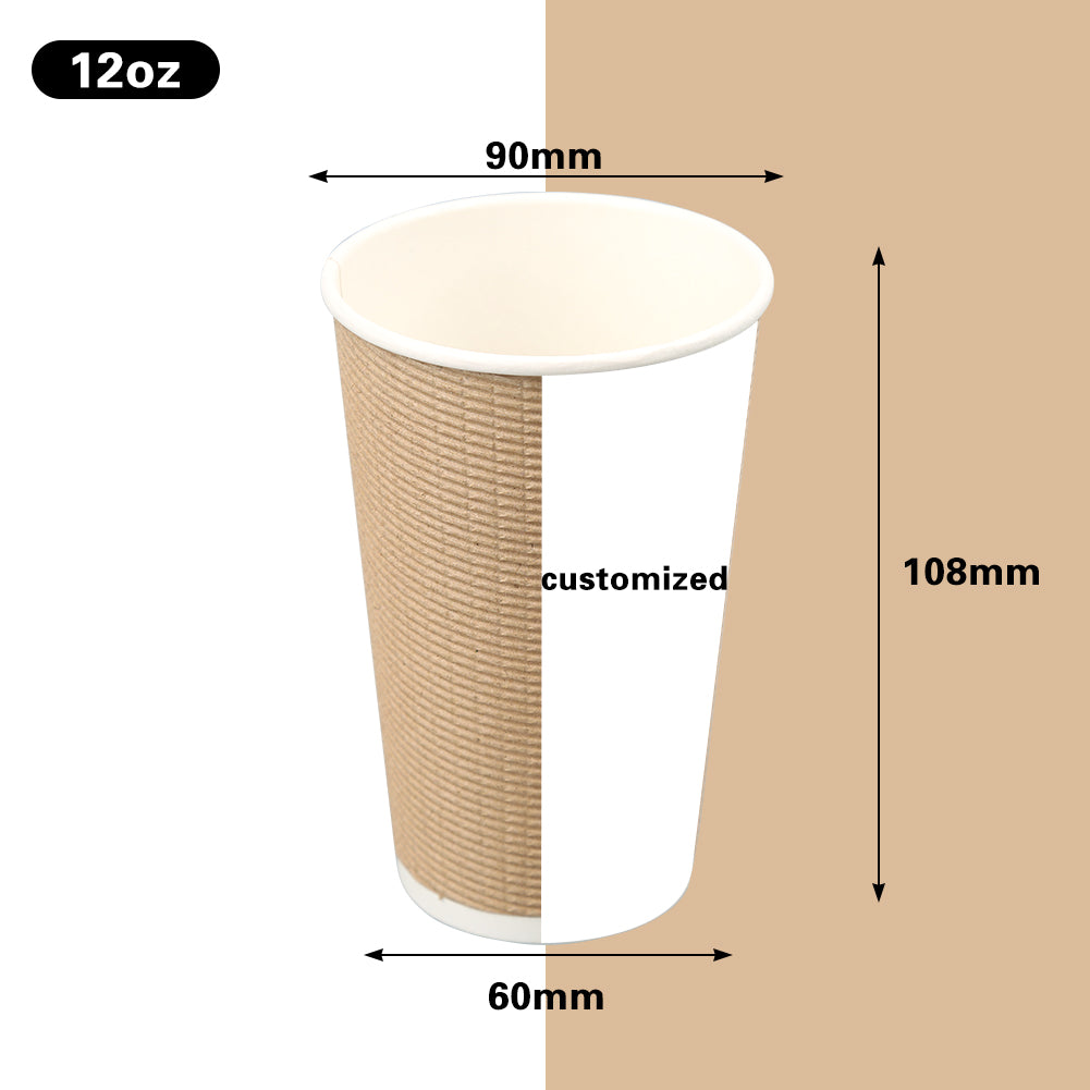 Disposable Coffee Cups - 12oz Ripple Paper Hot Cups - Kraft (90mm